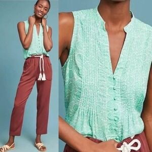 Maeve Anthropologie Women Tunic Tank Top XS‎ Green Medallion Pintuck Sleeveless